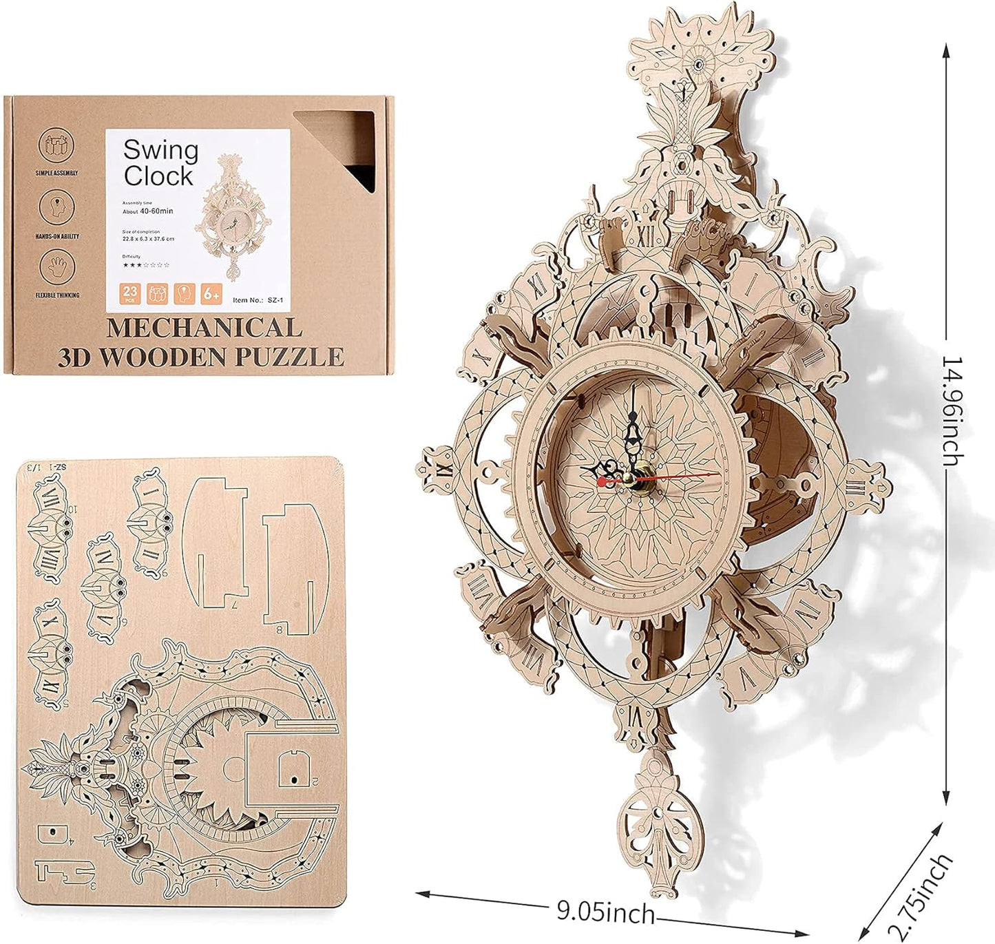 DIY 3D Wooden Mechanical Wall Clock Kit - Unique Pendulum Puzzle Gift for Adults & Teens
