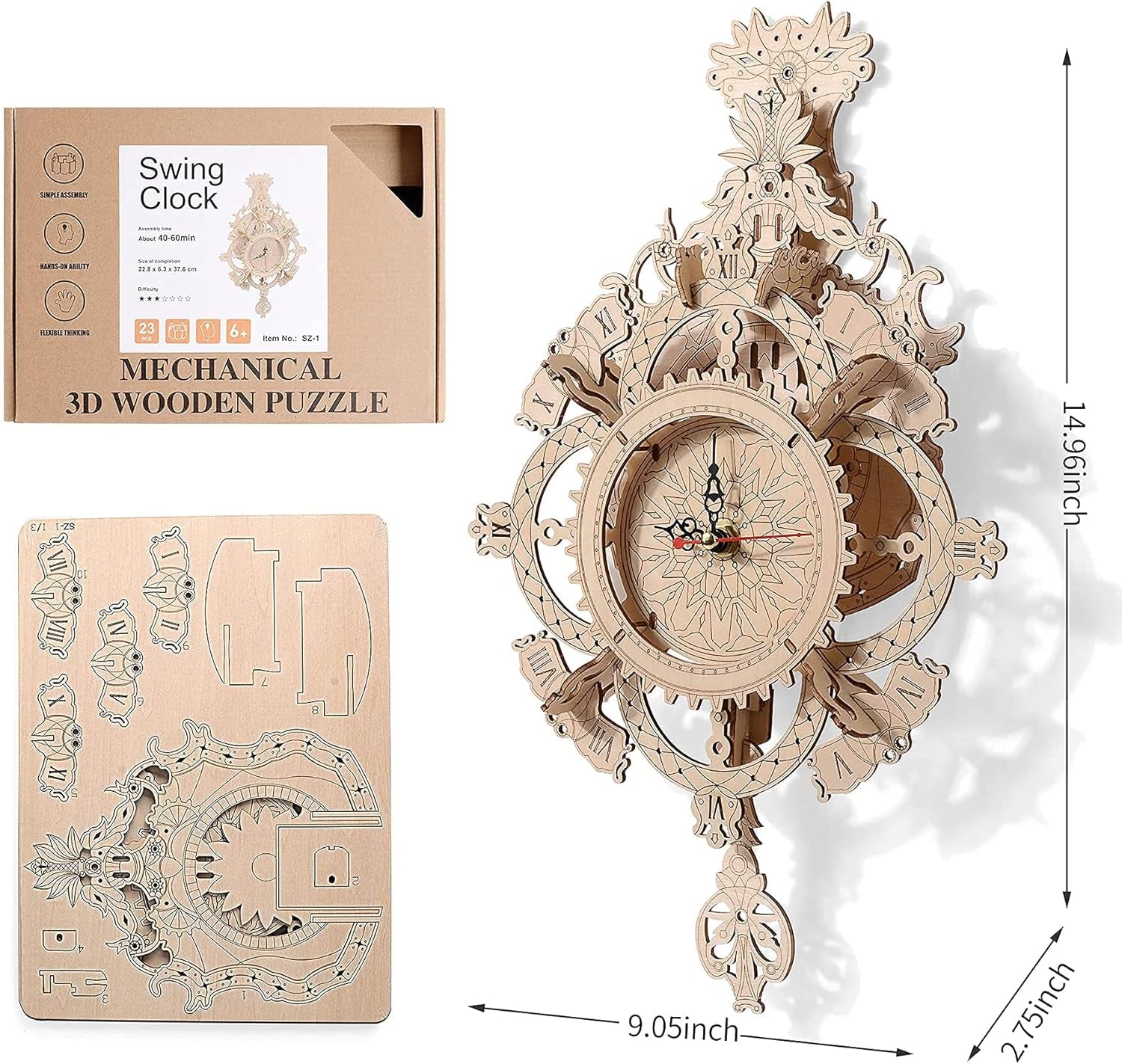 DIY 3D Wooden Mechanical Wall Clock Kit - Unique Pendulum Puzzle Gift for Adults & Teens