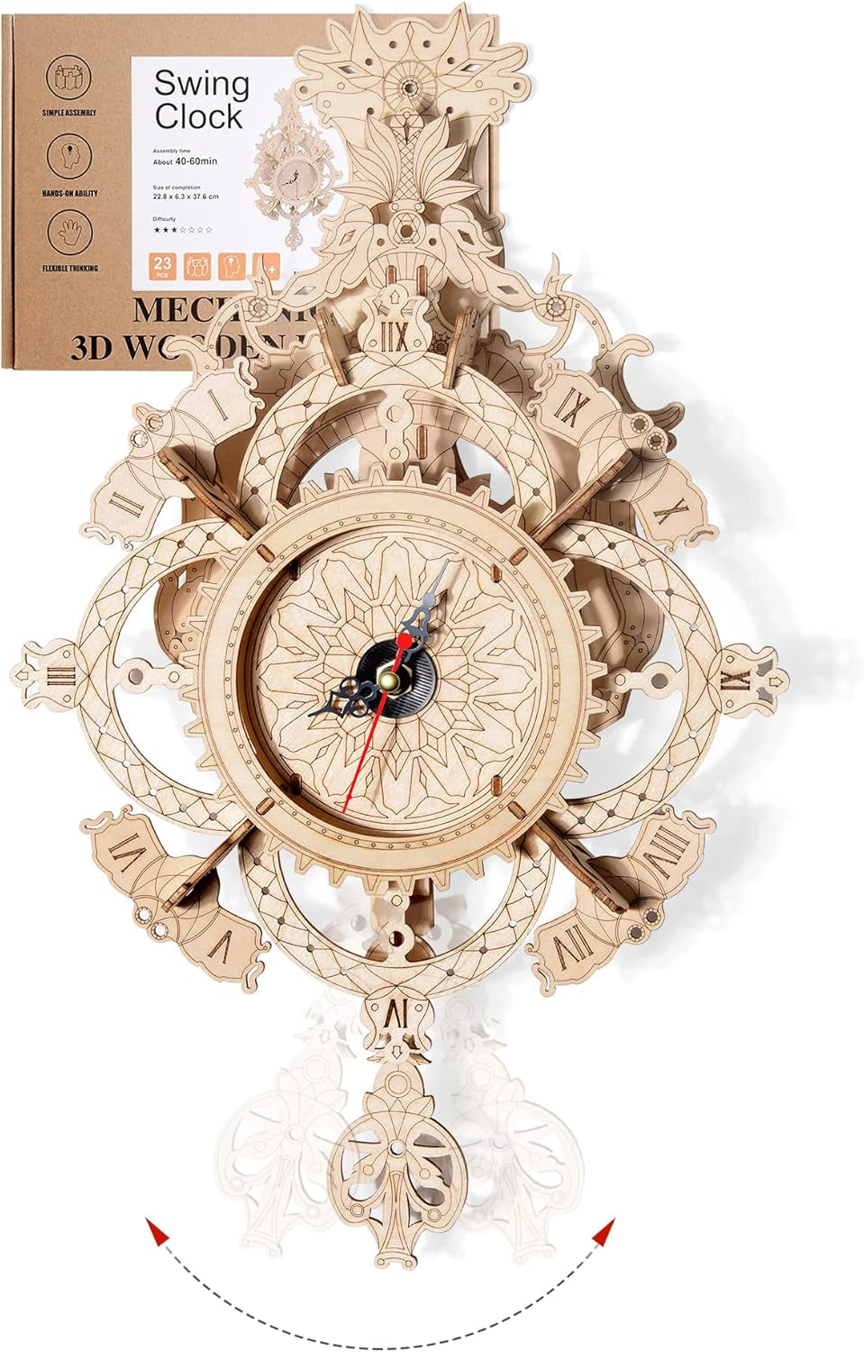 DIY 3D Wooden Mechanical Wall Clock Kit - Unique Pendulum Puzzle Gift for Adults & Teens
