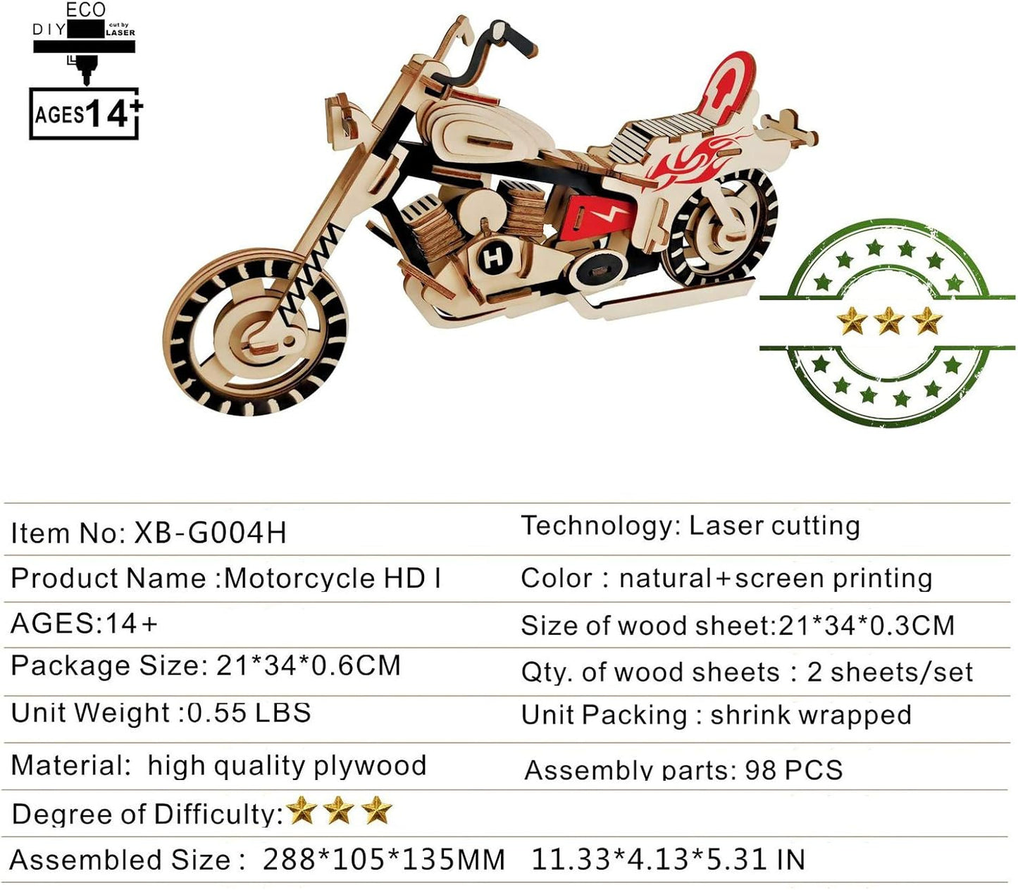 3D Wooden Motorcycle Model Puzzle - 98 Piece DIY Craft Kit for Adults, Perfect Home Decor & Brain Teaser Challenge!