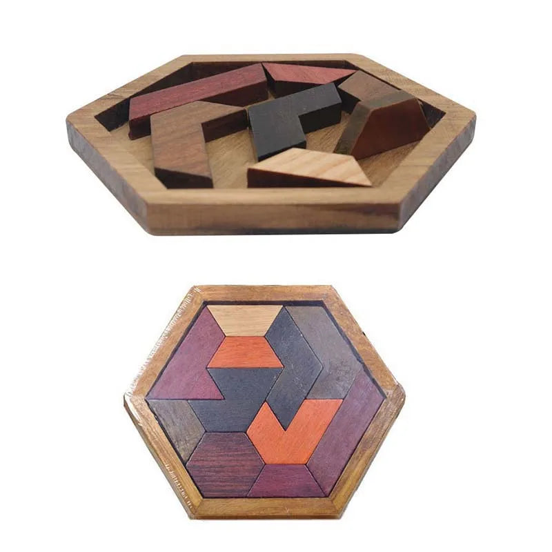 Hexagon Tangram Puzzle Wooden Brain Puzzles for Kids & Adult Challenge Wooden Brain Teasers Puzzle Games for Family Party Gift - Brain Games for Kids