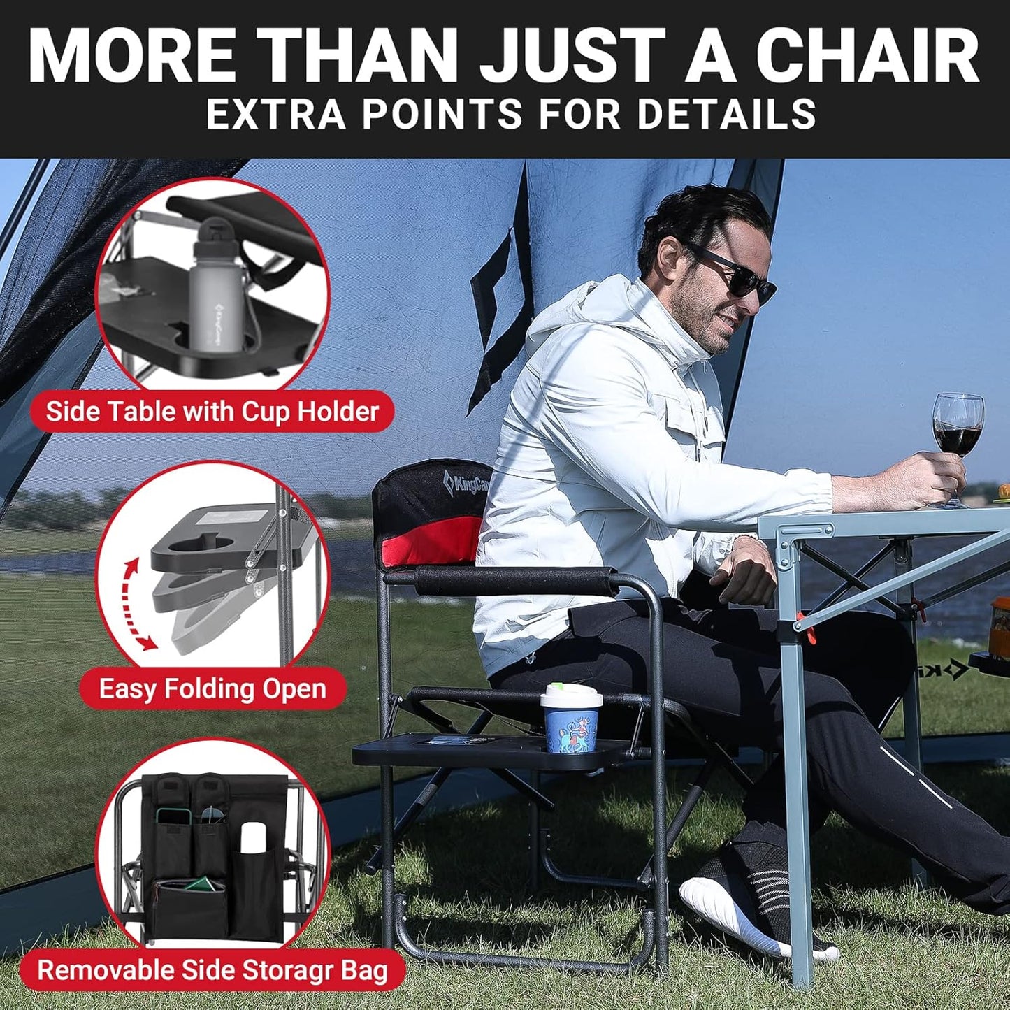 Red 2-Pack Camping Folding Director Chairs with Convenient Side Table & Storage