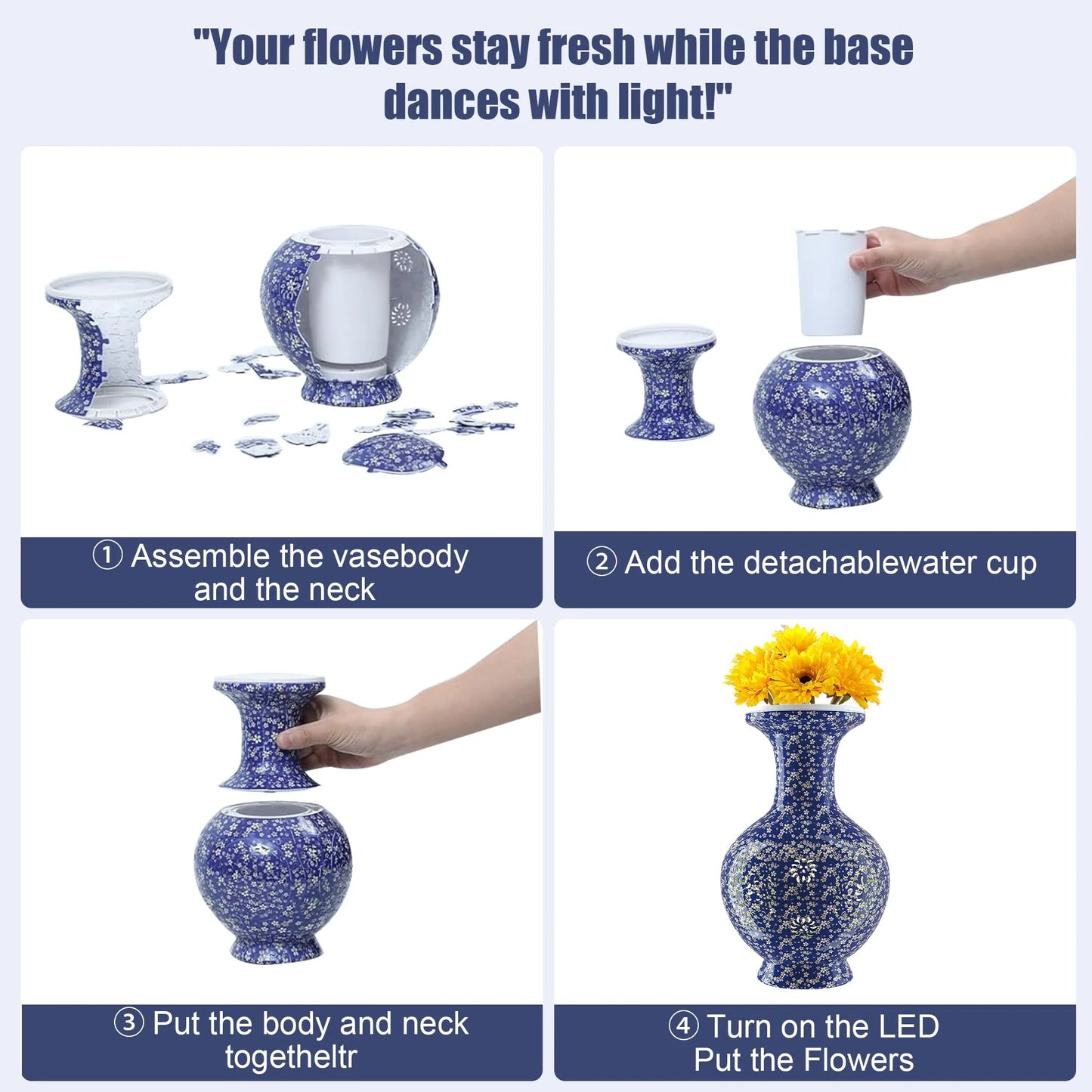 LED 3D Vase Puzzle, 200Pieces 3D Jigsaw Puzzles for Adults,Vase Puzzle for Home Decor,Christmas Birthday Gifts for Women