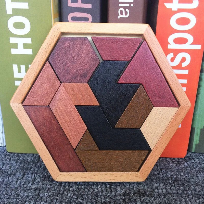 Hexagon Tangram Puzzle Wooden Brain Puzzles for Kids & Adult Challenge Wooden Brain Teasers Puzzle Games for Family Party Gift - Brain Games for Kids