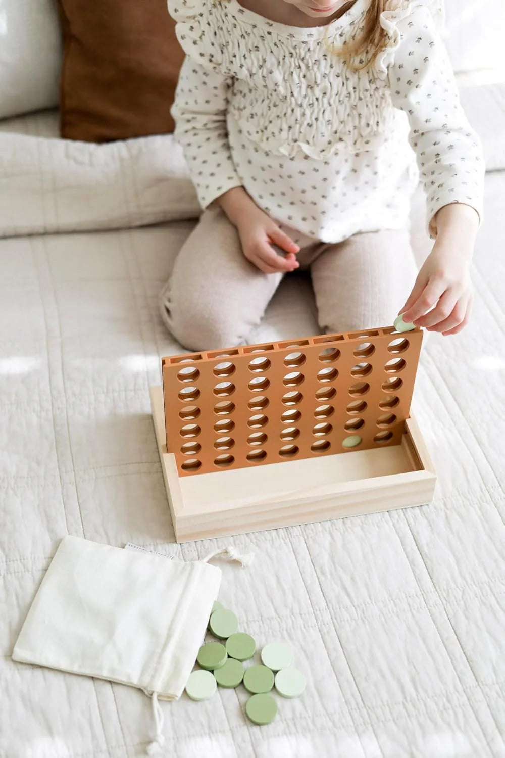 Stylish Neutral Wooden Four in a Row Game - Aesthetic Montessori Travel Board for Kids & Adults, Ideal Coffee Table Decor & Housewarming Gift