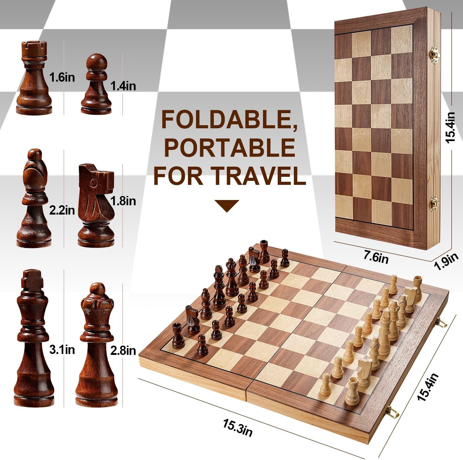 Premium Magnetic Chess Set - 15" Handcrafted Wooden Folding Board for Adults & Kids, Portable Travel Game with Convenient Piece Storage