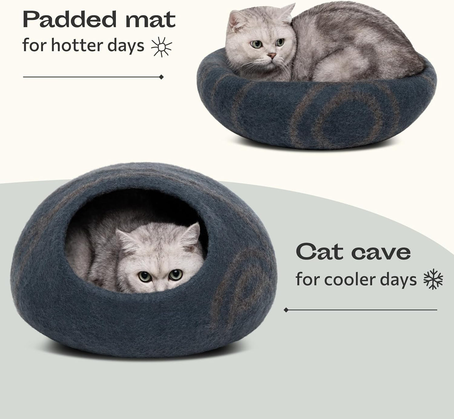 Premium Handmade Merino Wool Cat Bed Cave - Large Slate Grey for Cats and Kittens