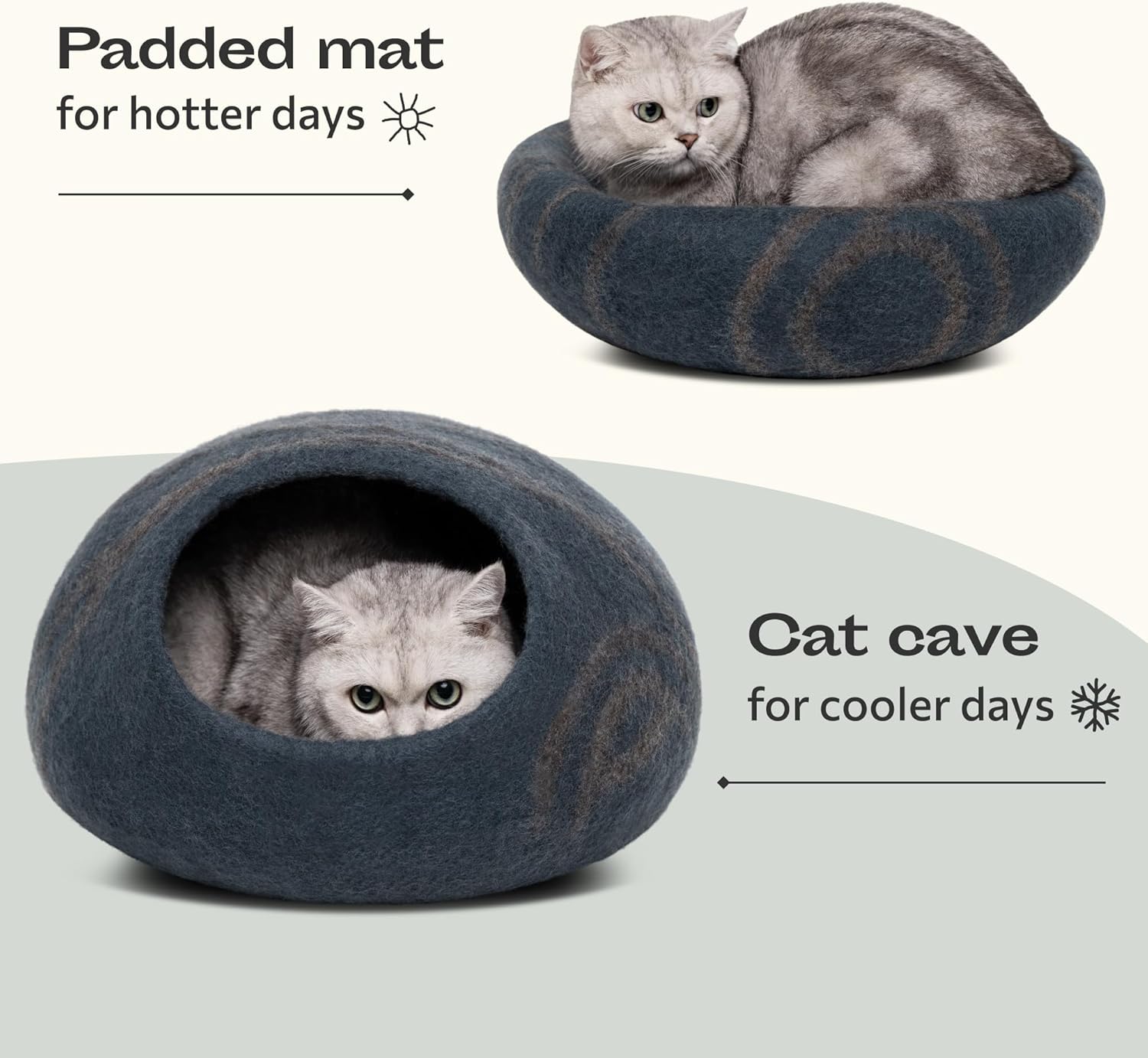Premium Handmade Merino Wool Cat Bed Cave - Large Slate Grey for Cats and Kittens