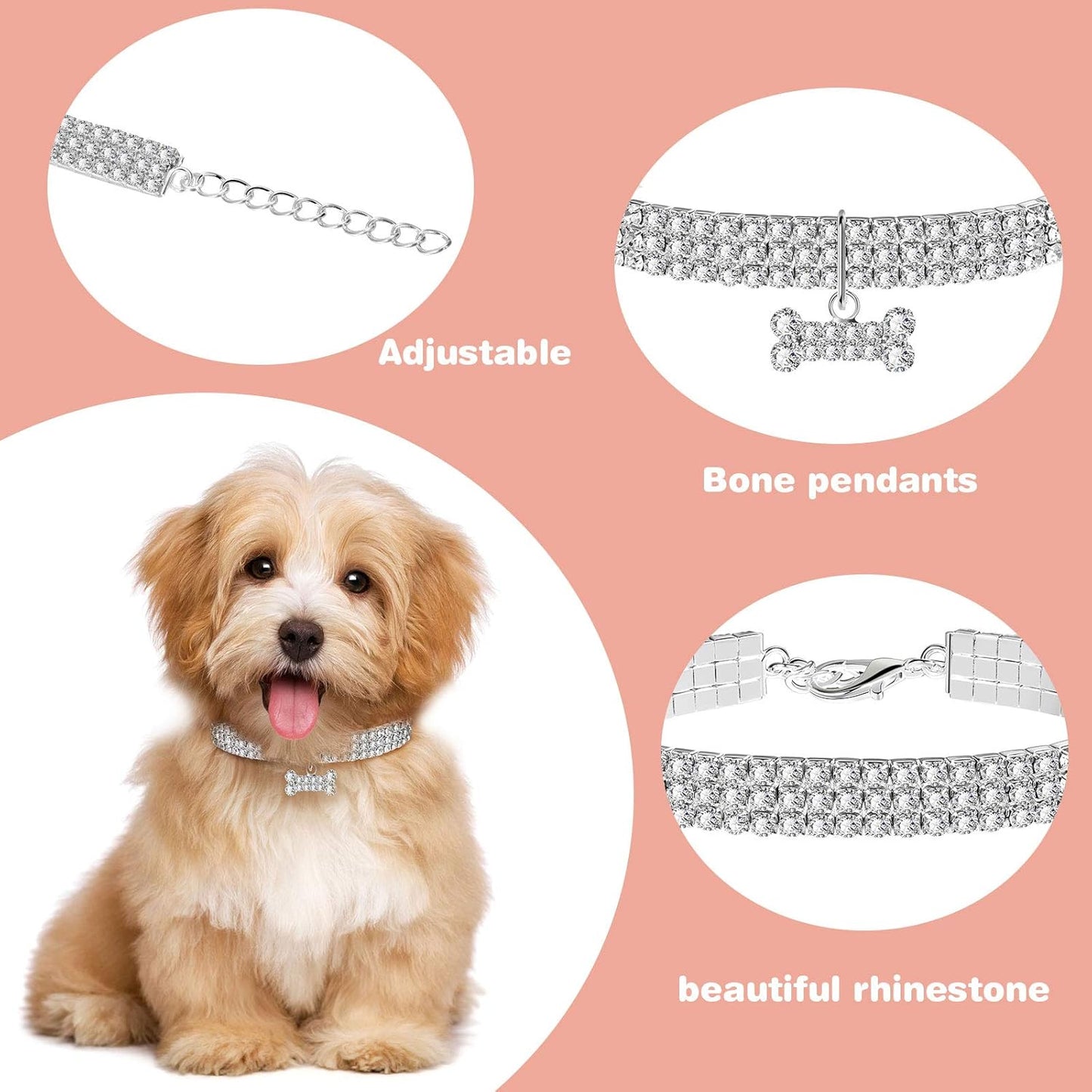 Sparkling Rhinestone Pet Collars - Adjustable Glitter Pendant Necklaces for Small Dogs and Cats (Set of 3, White)
