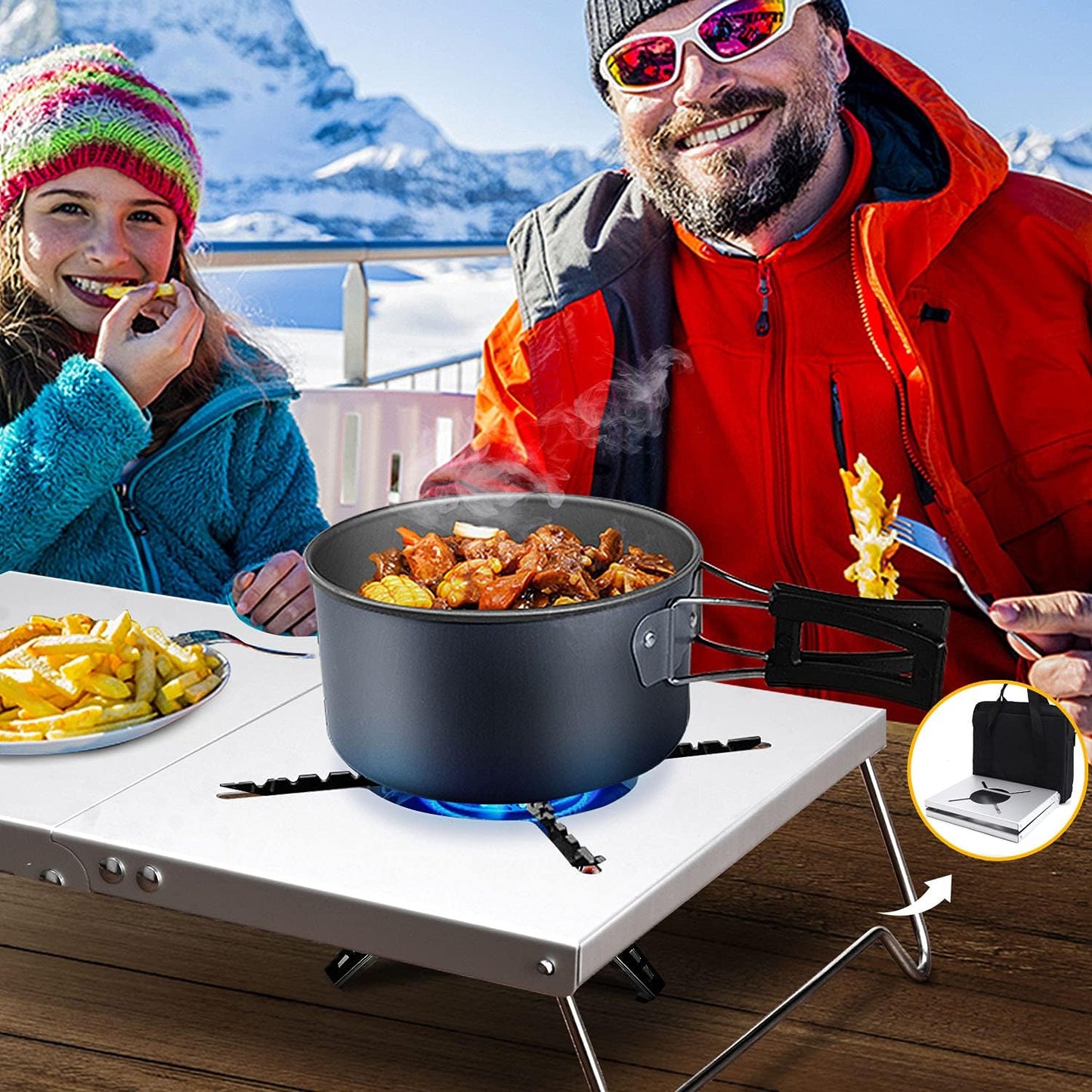 Lightweight Portable Windproof Camping Stove Table - Aluminum Alloy Folding Holder with Storage Bag for Outdoor Adventures, Hiking, Fishing, and Picnics - Silver
