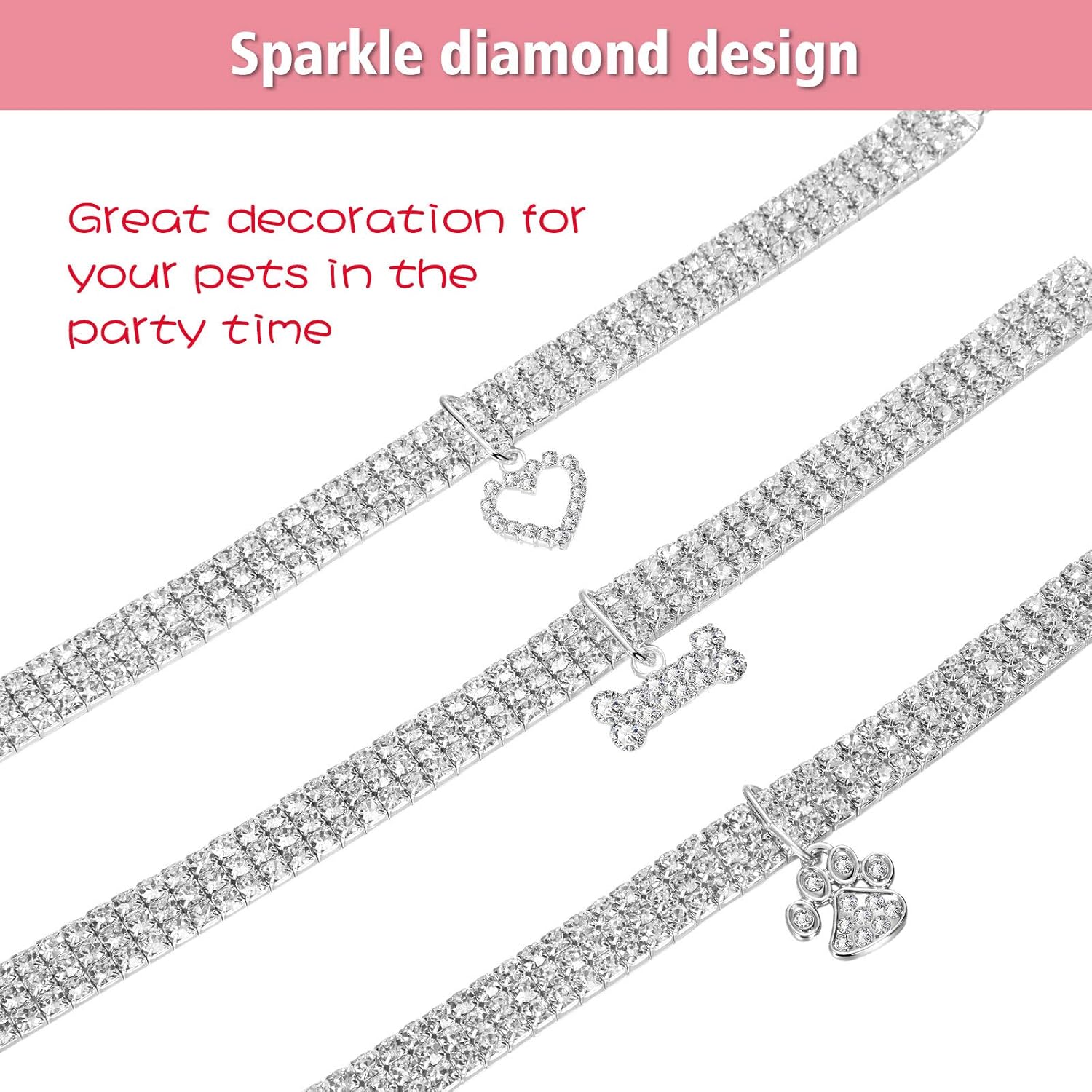 Sparkling Rhinestone Pet Collars - Adjustable Glitter Pendant Necklaces for Small Dogs and Cats (Set of 3, White)
