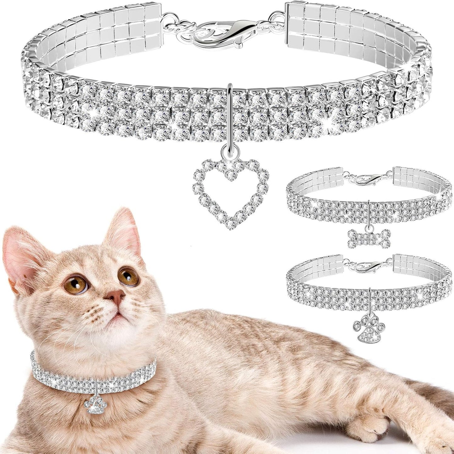 Sparkling Rhinestone Pet Collars - Adjustable Glitter Pendant Necklaces for Small Dogs and Cats (Set of 3, White)