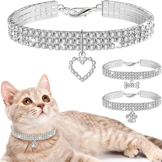 Sparkling Rhinestone Pet Collars - Adjustable Glitter Pendant Necklaces for Small Dogs and Cats (Set of 3, White)