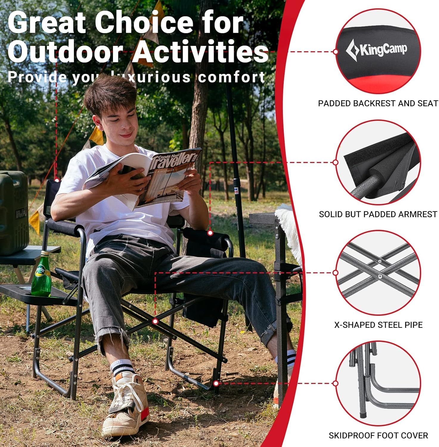 Red 2-Pack Camping Folding Director Chairs with Convenient Side Table & Storage