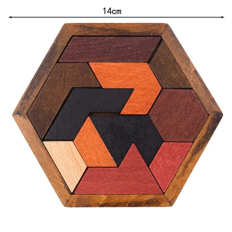 Hexagon Tangram Puzzle Wooden Brain Puzzles for Kids & Adult Challenge Wooden Brain Teasers Puzzle Games for Family Party Gift - Brain Games for Kids