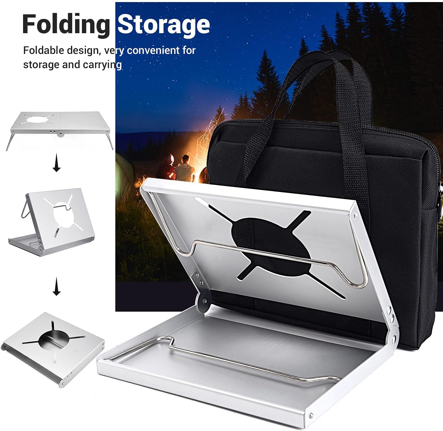 Lightweight Portable Windproof Camping Stove Table - Aluminum Alloy Folding Holder with Storage Bag for Outdoor Adventures, Hiking, Fishing, and Picnics - Silver