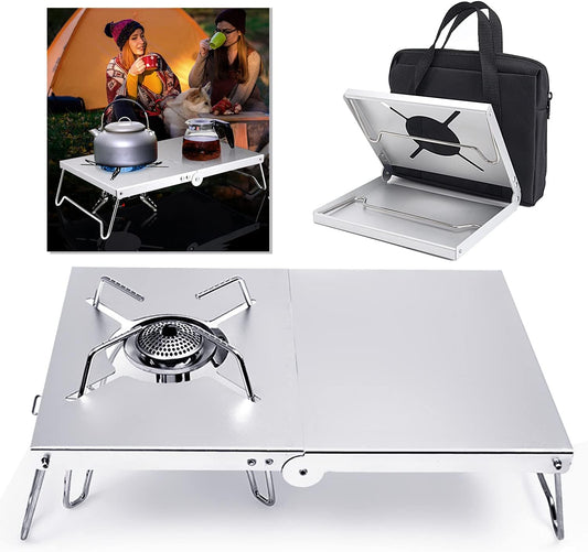 Lightweight Portable Windproof Camping Stove Table - Aluminum Alloy Folding Holder with Storage Bag for Outdoor Adventures, Hiking, Fishing, and Picnics - Silver