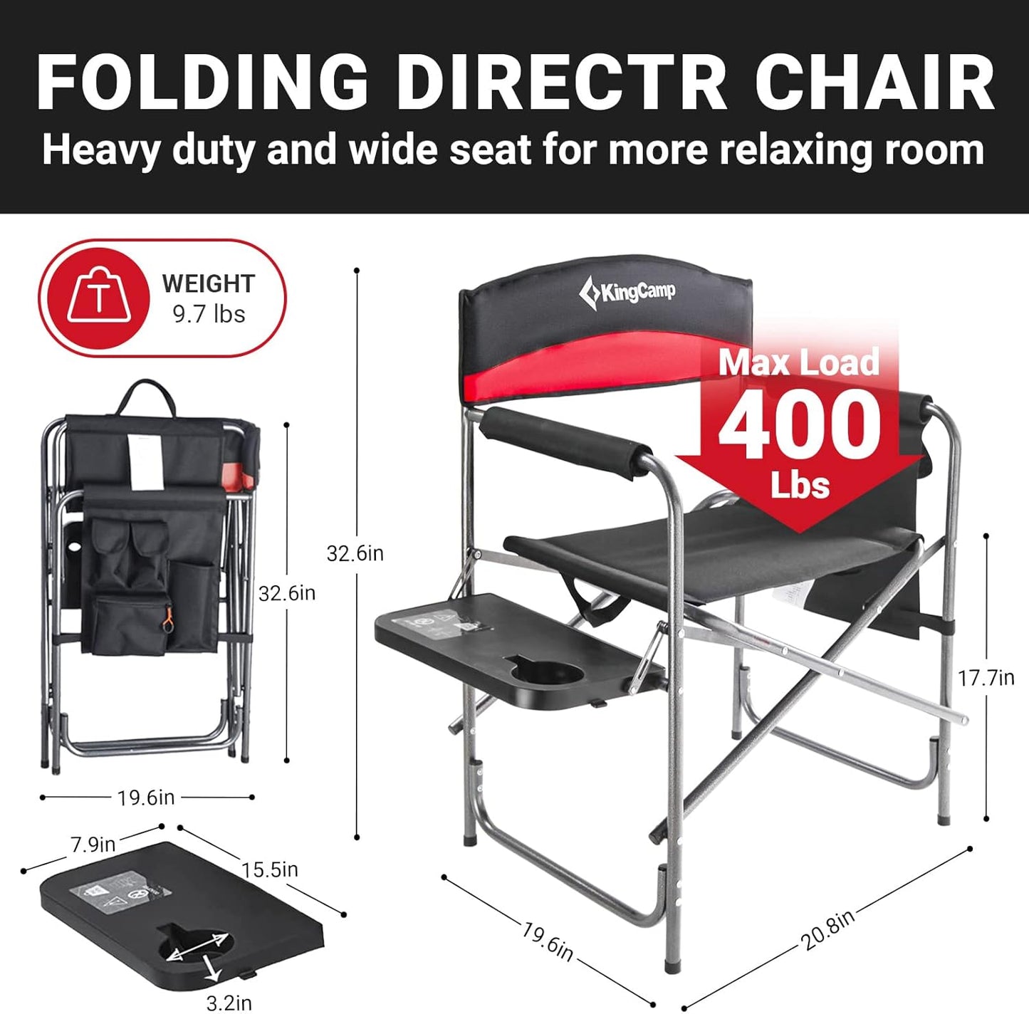 Red 2-Pack Camping Folding Director Chairs with Convenient Side Table & Storage