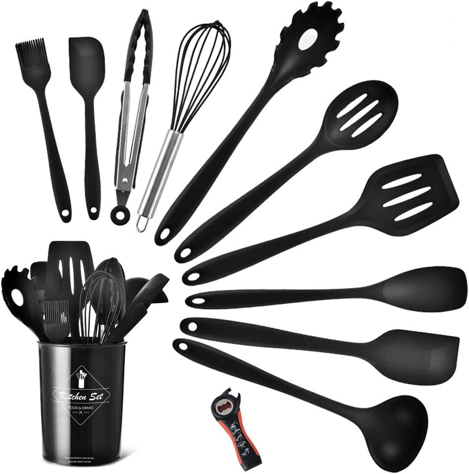 Professional Silicone Kitchen Utensil Set with Heat-Resistant Non-Stick Cooking Tools and Black Holder