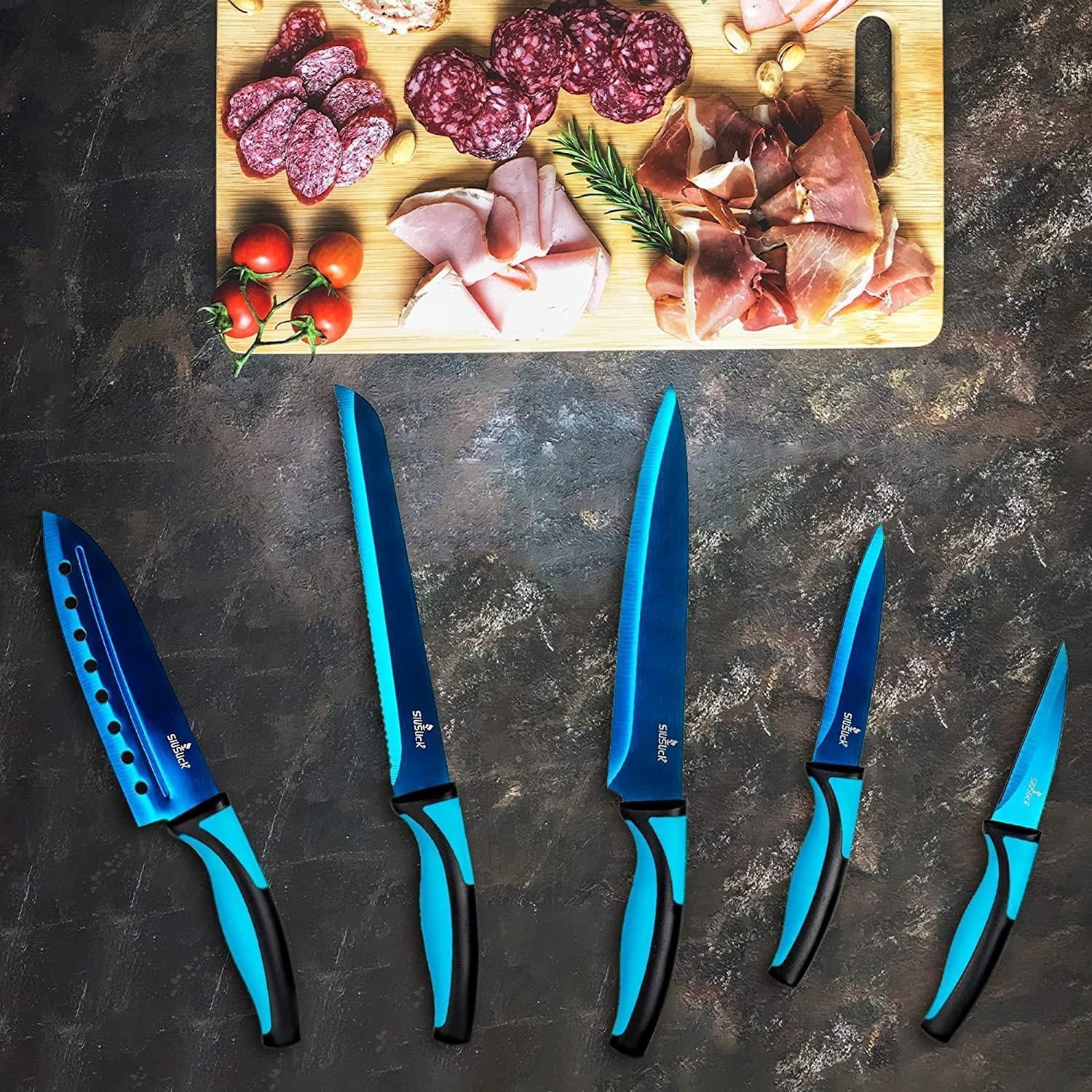Kitchen Knife Set Professional Titanium Coated Stainless Steel Blades Dishwasher Safe Safety Sheaths 5 Knives