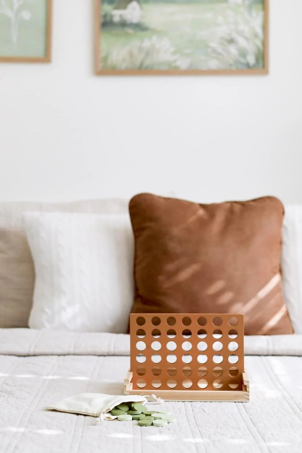 Stylish Neutral Wooden Four in a Row Game - Aesthetic Montessori Travel Board for Kids & Adults, Ideal Coffee Table Decor & Housewarming Gift