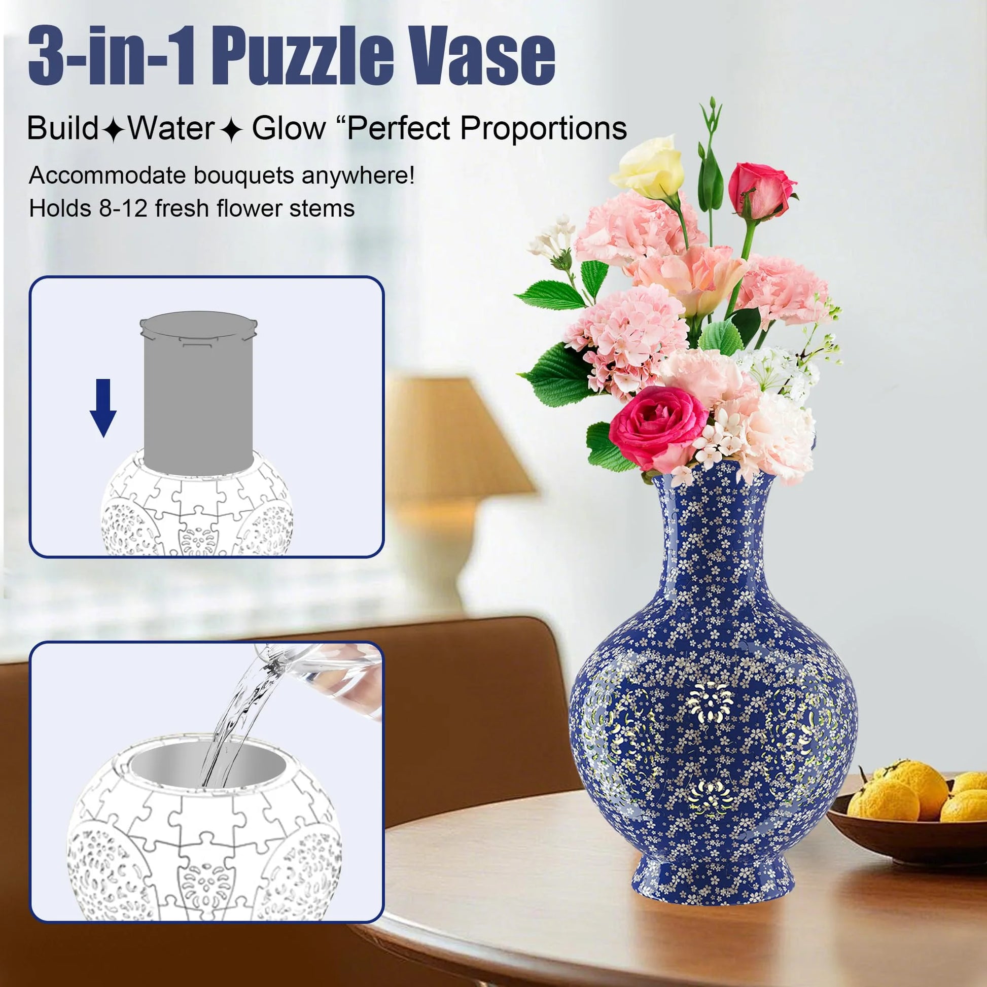LED 3D Vase Puzzle, 200Pieces 3D Jigsaw Puzzles for Adults,Vase Puzzle for Home Decor,Christmas Birthday Gifts for Women