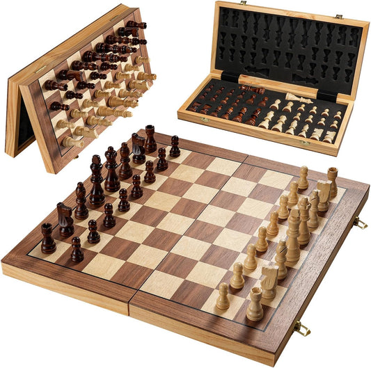 Premium Magnetic Chess Set - 15" Handcrafted Wooden Folding Board for Adults & Kids, Portable Travel Game with Convenient Piece Storage